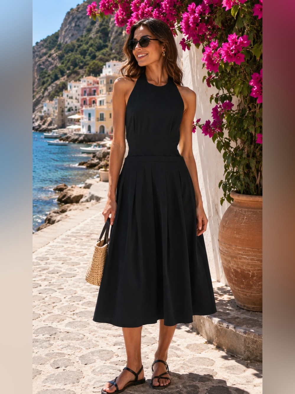 Mila Mae Cotton Halter Midi Dress Black— Timeless Summer Style MSRP $108